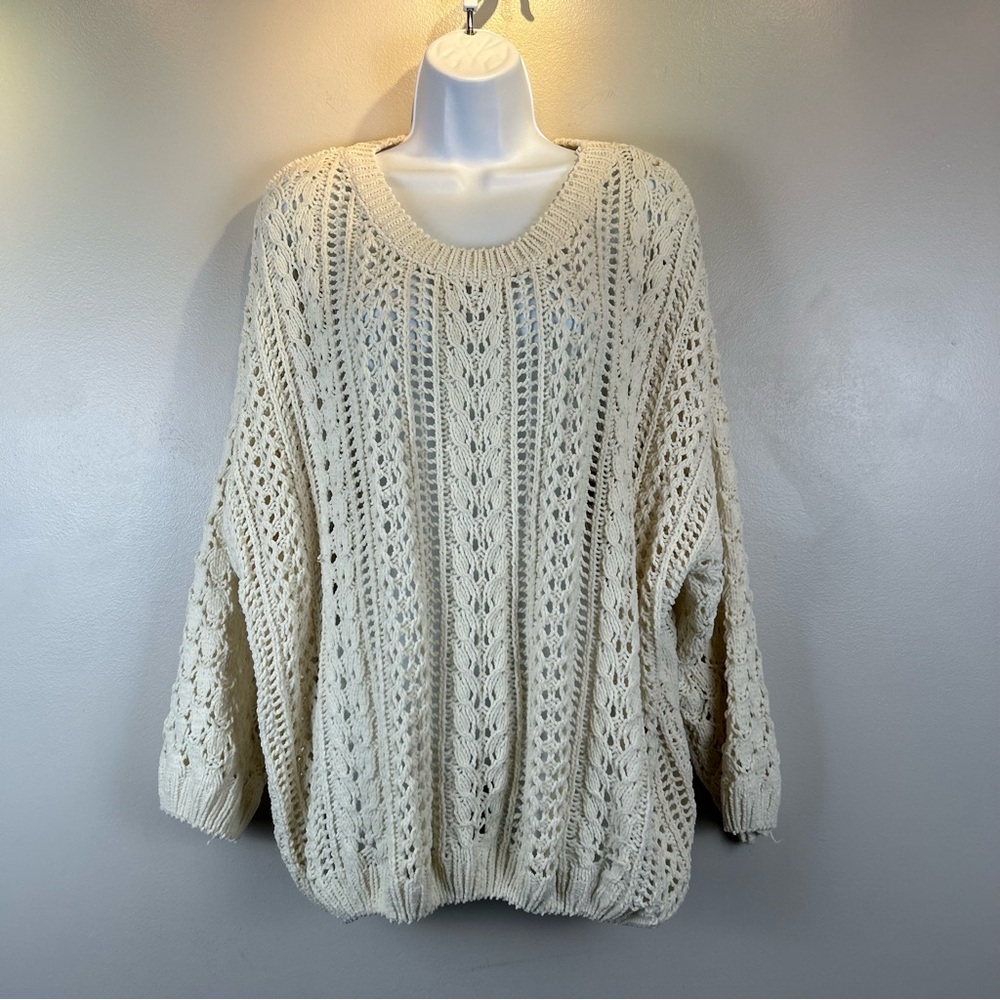 Umgee Loose Fit Open Cable Knit Sweater Womens Medium Cream Ivory Soft Oversized
